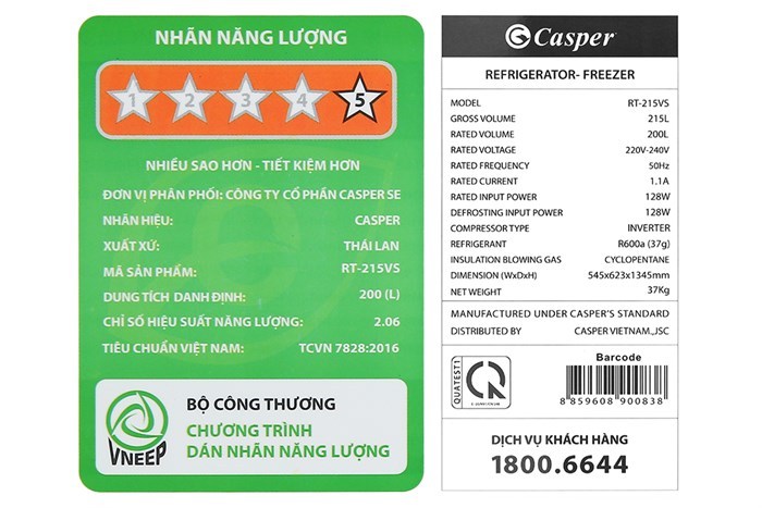 Tủ lạnh Casper Inverter 200 lít RT-215VS Màu Bạc
