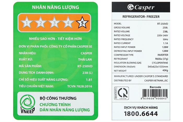 Tủ lạnh Casper Inverter 238 lít RT-250VD Màu Ghi