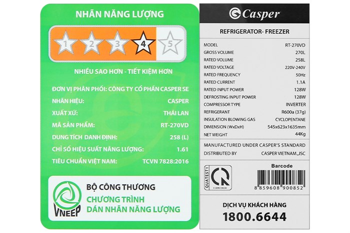 Tủ lạnh Casper Inverter 258 lít RT-270VD Màu Ghi