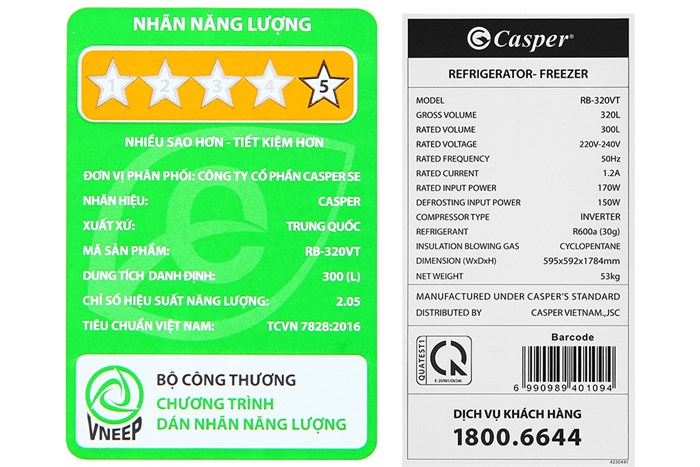 Tủ lạnh Casper Inverter 300 lít RB-320VT Màu Xám