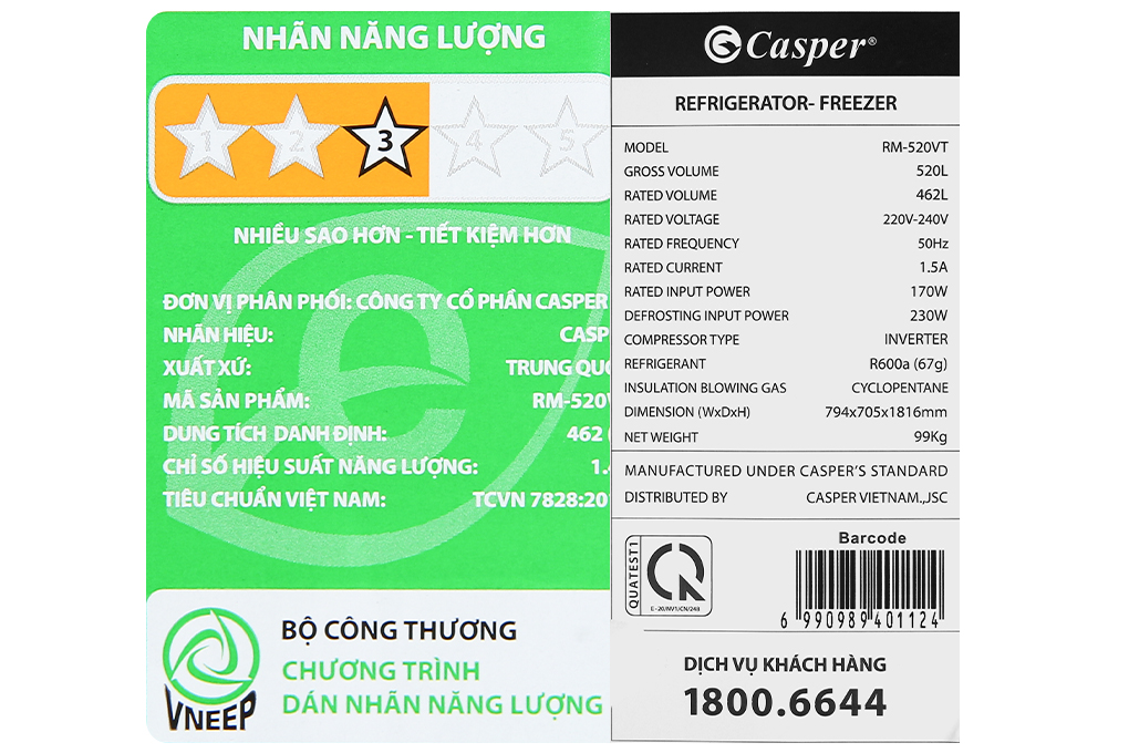 Tủ lạnh Casper Inverter 462 lít RM-520VT giá rẻ