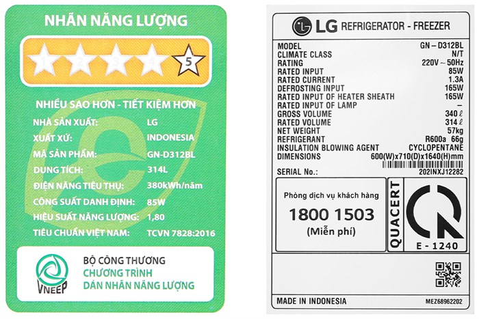 Tủ lạnh LG Inverter 314 Lít GN-D312BL Màu Đen