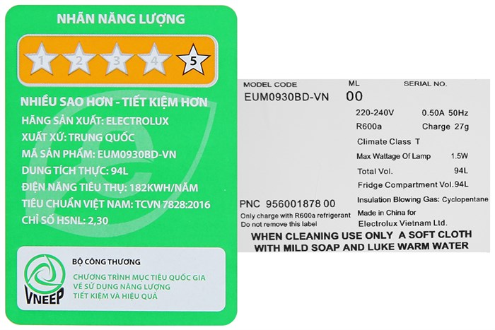 Tủ lạnh Electrolux 94 Lít EUM0930BD-VN Màu Đen