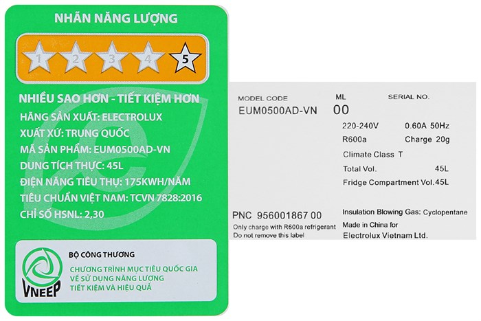 Tủ lạnh Electrolux 45 lít EUM0500AD-VN Màu Bạc