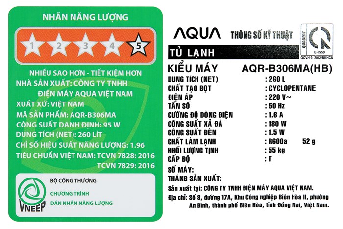 Tủ lạnh Aqua Inverter 260 Lít AQR-B306MA(HB) Màu Xám