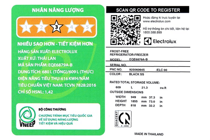 Tủ lạnh Electrolux Inverter 609 Lít EQE6879A-B Màu Xám đậm