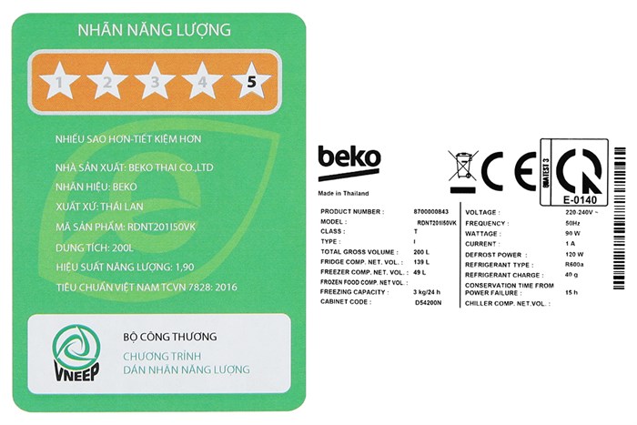 Tủ lạnh Beko Inverter 188 lít RDNT201I50VK Màu Đen - Xám