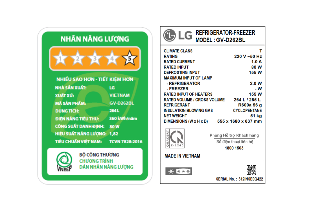 Tủ lạnh LG Inverter 264 Lít GV-D262BL Màu Đen - Xám