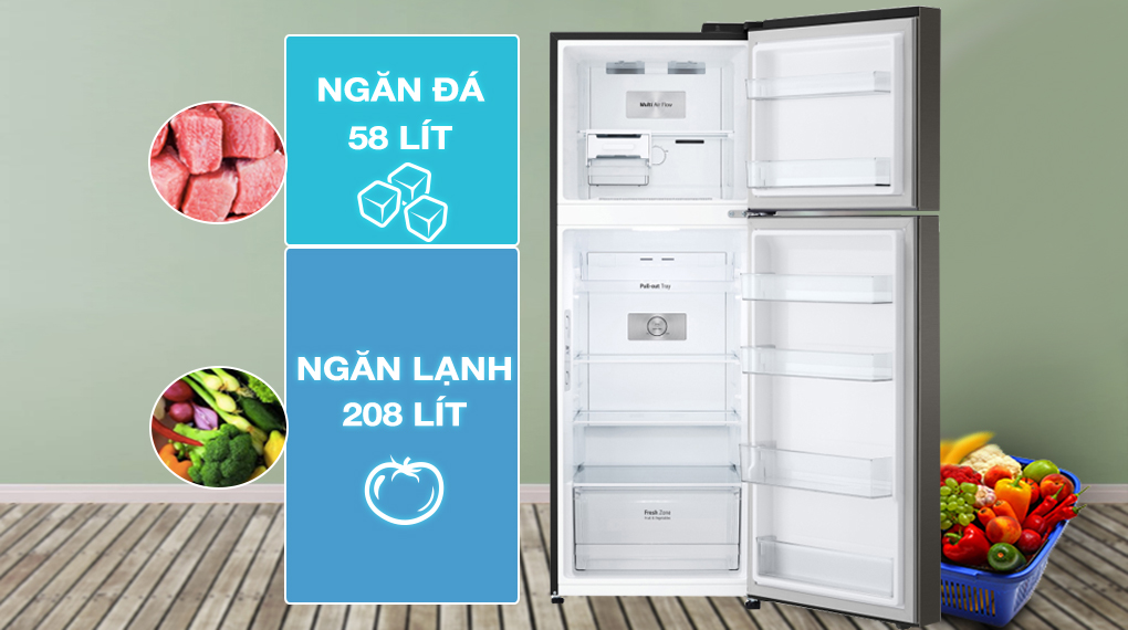 Tủ lạnh LG Inverter 266 Lít GV-B262WB - Dung tích 266 lít, trong đó ngăn lạnh 208 lít và ngăn đá 58 lít 