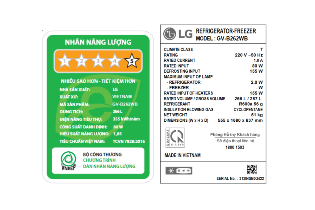 Tủ lạnh LG Inverter 266 lít GV-B262WB Màu Đen