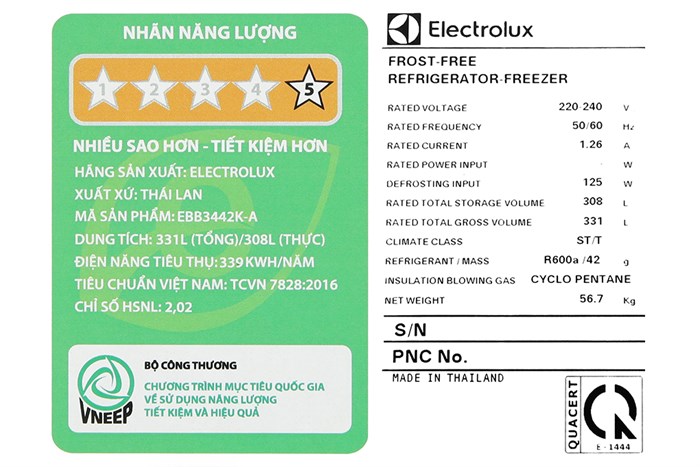 Tủ lạnh Electrolux Inverter 308 Lít EBB3442K-A Màu Bạc