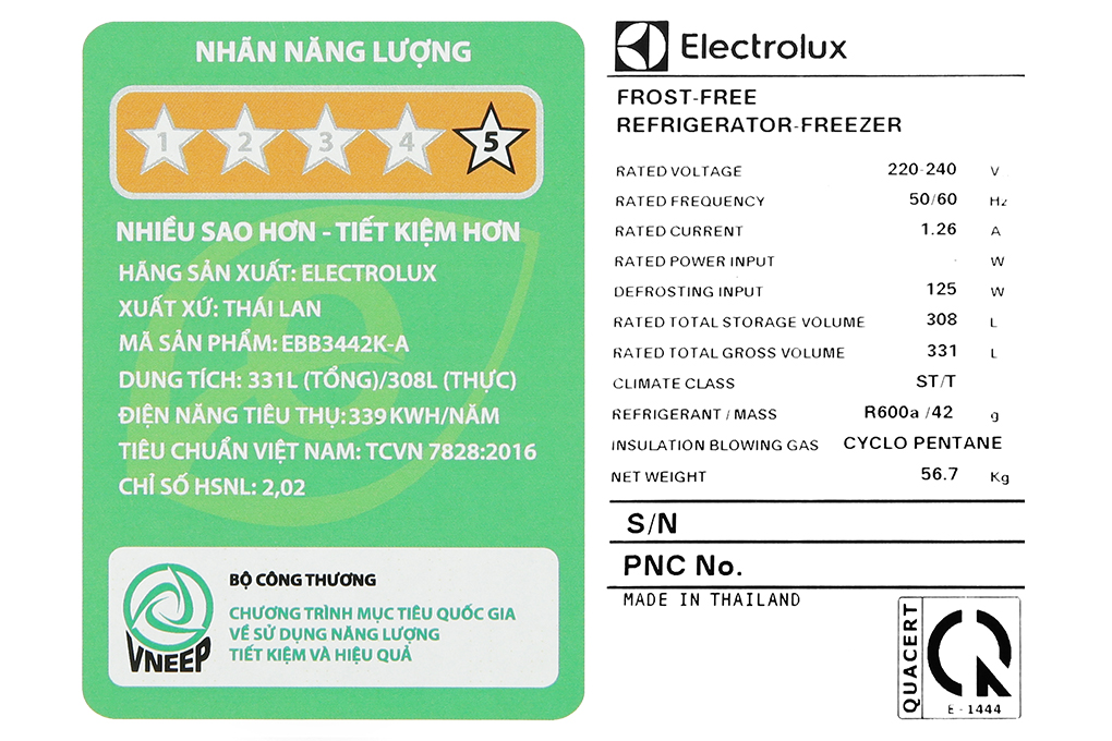 Tủ lạnh Electrolux Inverter 308 Lít EBB3442K-A Màu Bạc