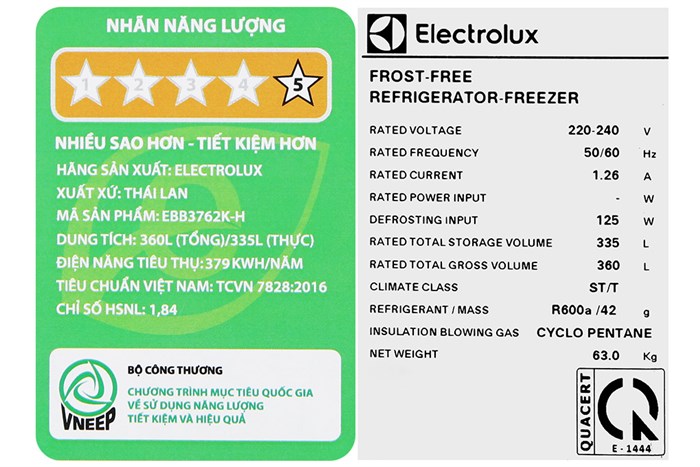 Tủ lạnh Electrolux Inverter 335 Lít EBB3762K-H Màu Đen