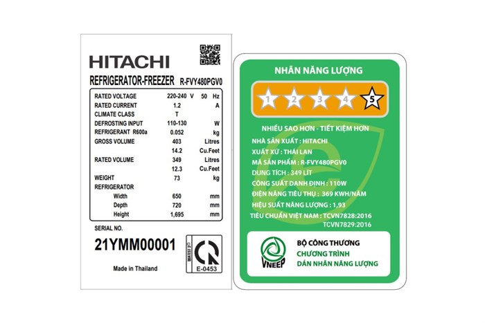 Tủ lạnh Hitachi Inverter 349 lít R-FVY480PGV0 GMG Màu Đen