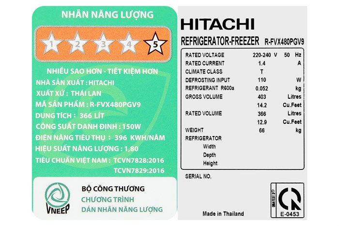 Tủ lạnh Hitachi Inverter 366 lít R-FVX480PGV9 MIR Màu Trắng - Bạc