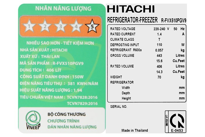 Tủ lạnh Hitachi Inverter 406 lít R-FVX510PGV9 GBK Màu Đen