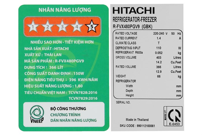 Tủ lạnh Hitachi Inverter 366 lít R-FVX480PGV9 GBK Màu Đen