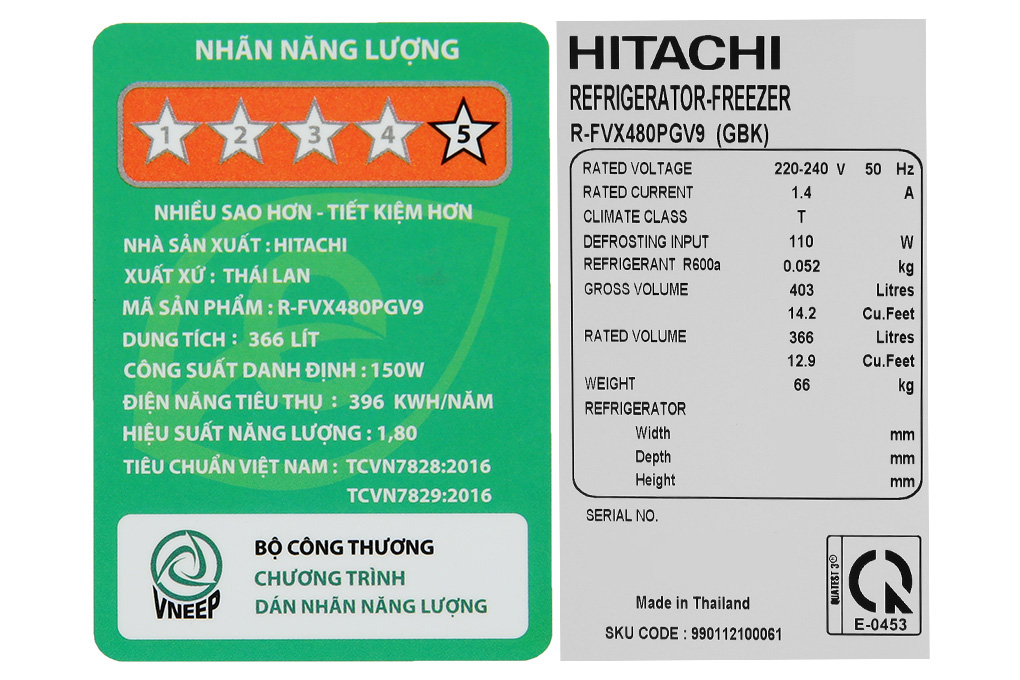 Tủ lạnh Hitachi Inverter 366 lít R-FVX480PGV9 GBK Màu Đen
