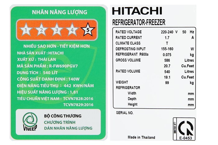Tủ lạnh Hitachi Inverter 540 lít Multi Door R-FW690PGV7 GBK Màu Đen