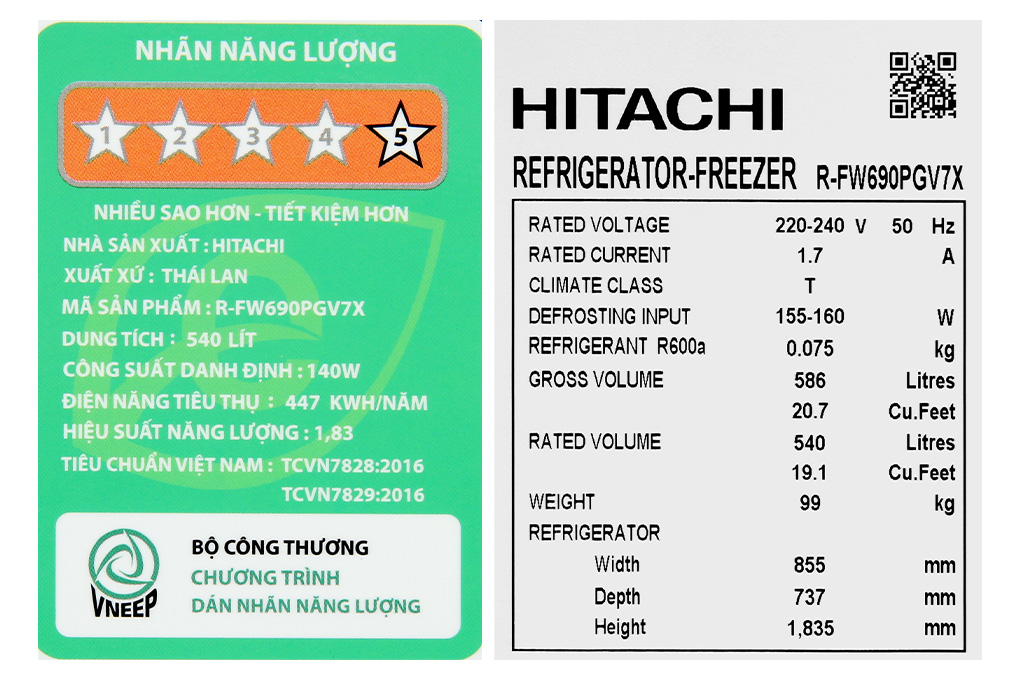 Tủ lạnh Hitachi Inverter 540 lít Multi Door R-FW690PGV7X GBK Màu Đen