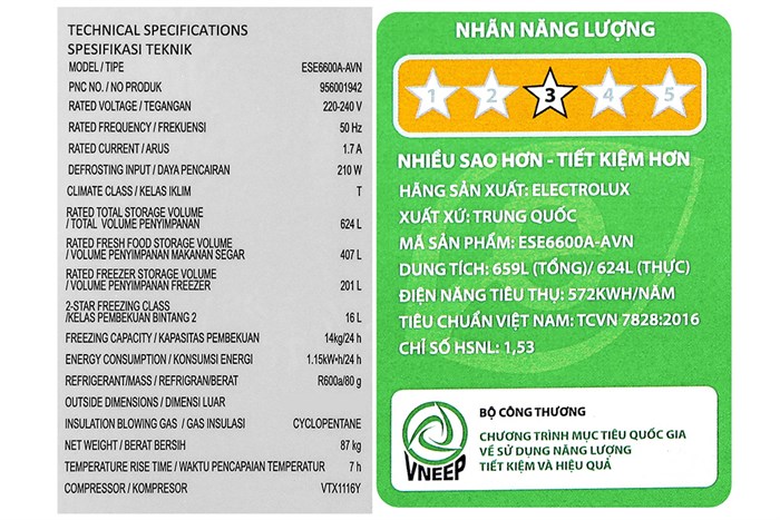 Tủ lạnh Electrolux Inverter 624 Lít ESE6600A-AVN Màu Xám