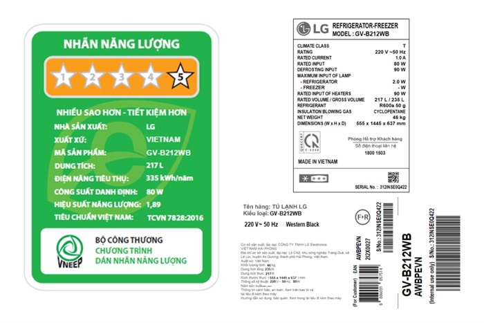 Tủ lạnh LG Inverter 217 lít GV-B212WB Màu Đen