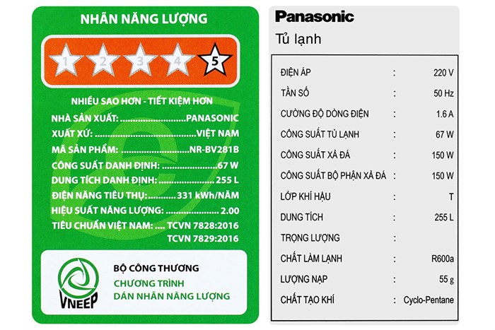 Tủ lạnh Panasonic Inverter 255 lít NR-BV281BGMV Màu Đen