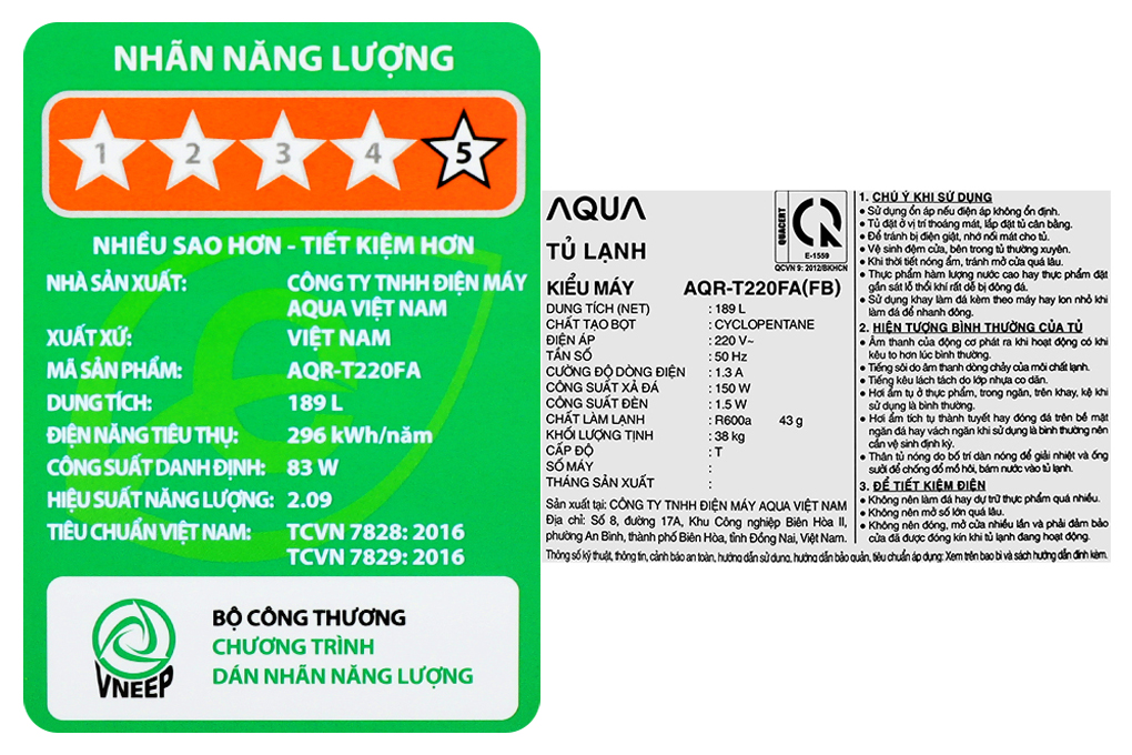 Tủ lạnh Aqua Inverter 189 lít AQR-T220FA(FB) Màu Đen