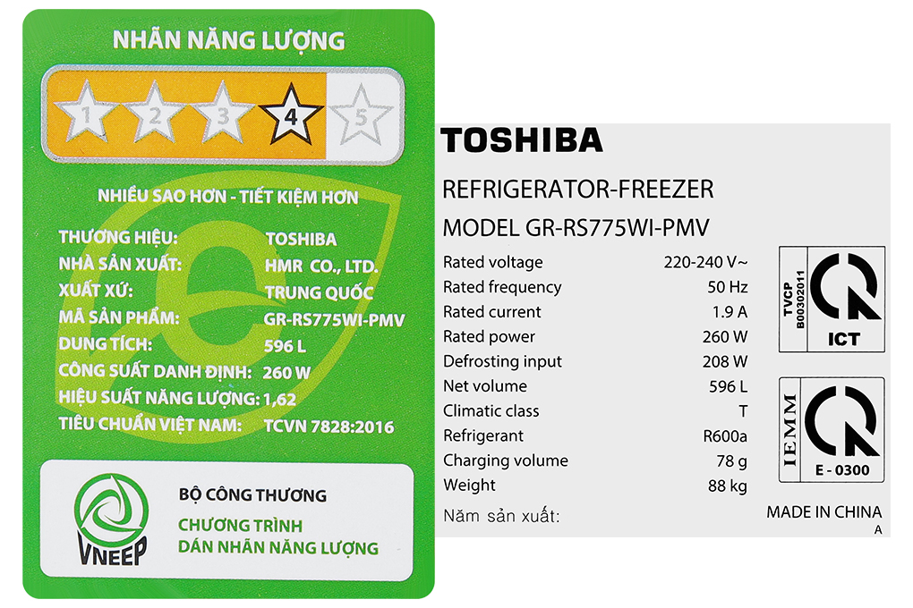Tủ lạnh Toshiba Inverter 596 lít Side By Side GR-RS775WI-PMV(06)-MG Màu Đen - Xám
