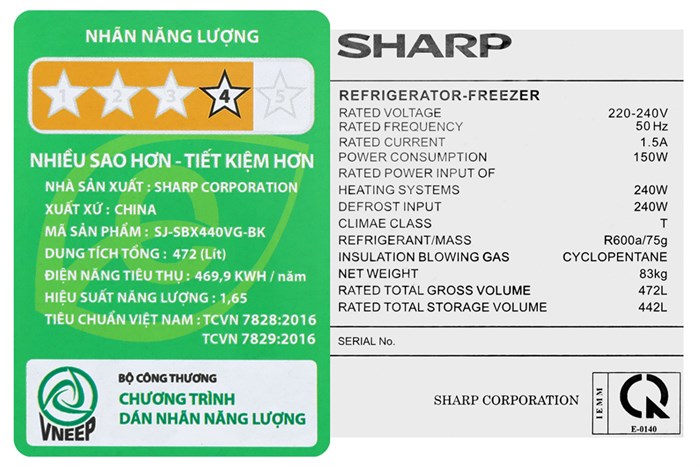 Tủ lạnh Sharp Inverter 442 lít Side By Side SJ-SBX440VG-BK Màu Đen