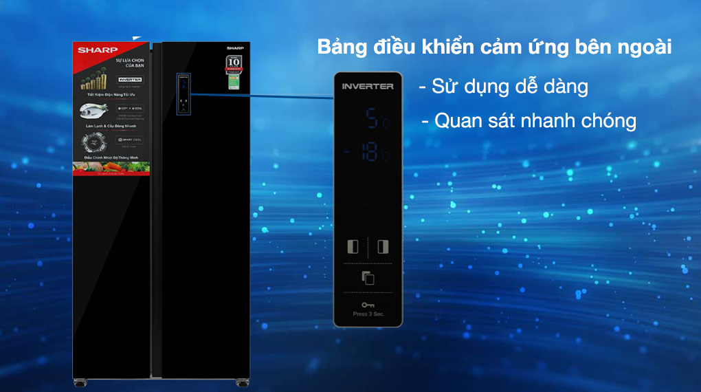 Tủ lạnh Sharp Inverter 532 lít SJ-SBX530VG-BK - Bảng điều khiển cảm ứng bên ngoài dễ quan sát và sử dụng