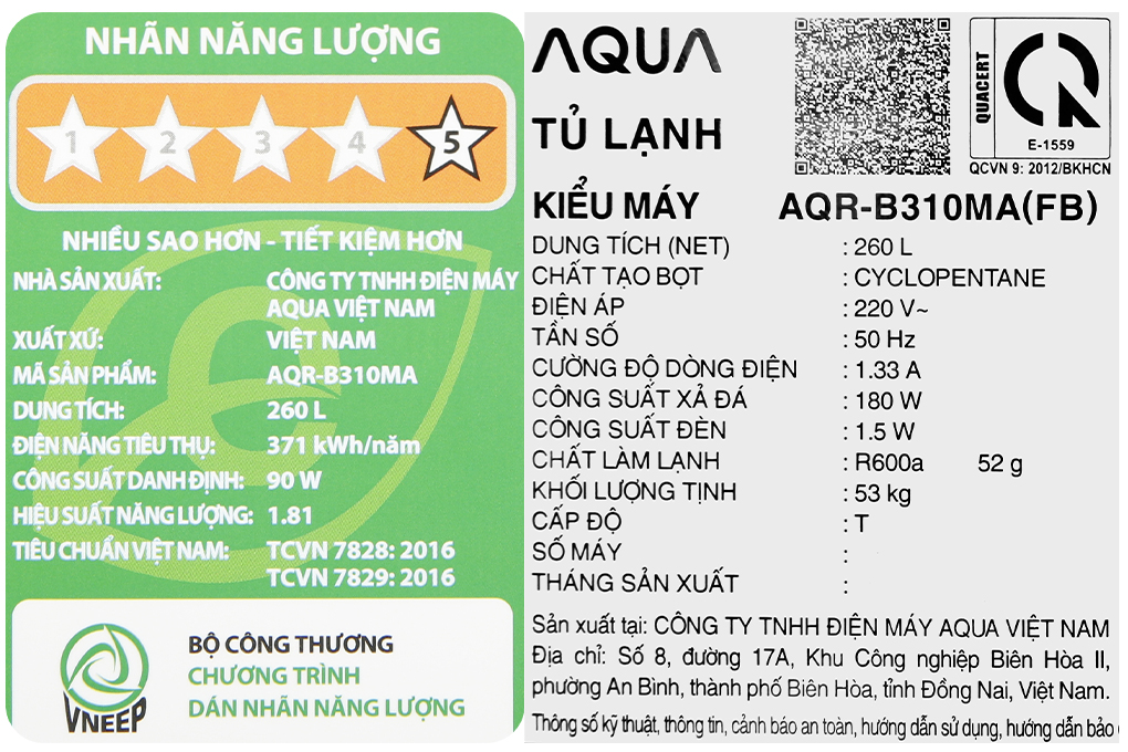 Tủ lạnh Aqua Inverter 260 lít AQR-B310MA(FB) Màu Đen
