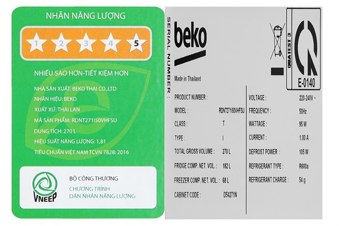 Tủ lạnh Beko Inverter 250 lít RDNT271I50VHFSU Màu Đen