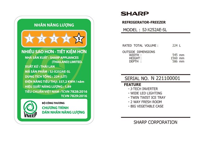 Tủ lạnh Sharp Inverter 224 lít SJ-X252AE-SL Màu Bạc Inox