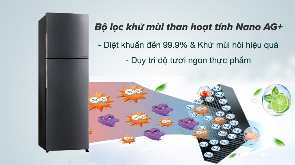 Tủ lạnh Sharp Inverter 253 lít SJ-X282AE-DS-Bộ khử mùi phân tử bạc Nano Ag+ diệt khuẩn đến 99.99 % và khử mùi hôi hiệu quả, giúp bảo quản thực phẩm tươi ngon đáng kể