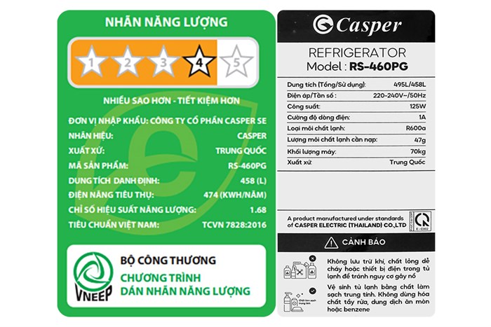 Tủ lạnh Casper Inverter 458 lít Side By Side RS-460PG Màu Đen - Xám