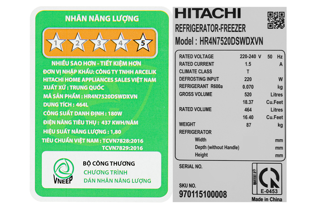 Tủ lạnh Hitachi Inverter 464 lít Multi Door HR4N7520DSWDXVN Màu Đen