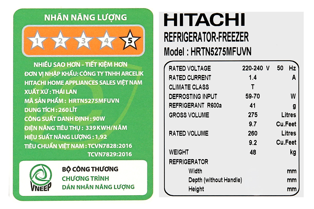 Tủ lạnh Hitachi Inverter 260 lít HRTN5275MFUVN Màu Đen
