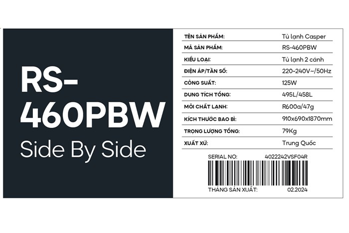 Tủ lạnh Casper Inverter 458 lít RS-460PBW Màu Đen