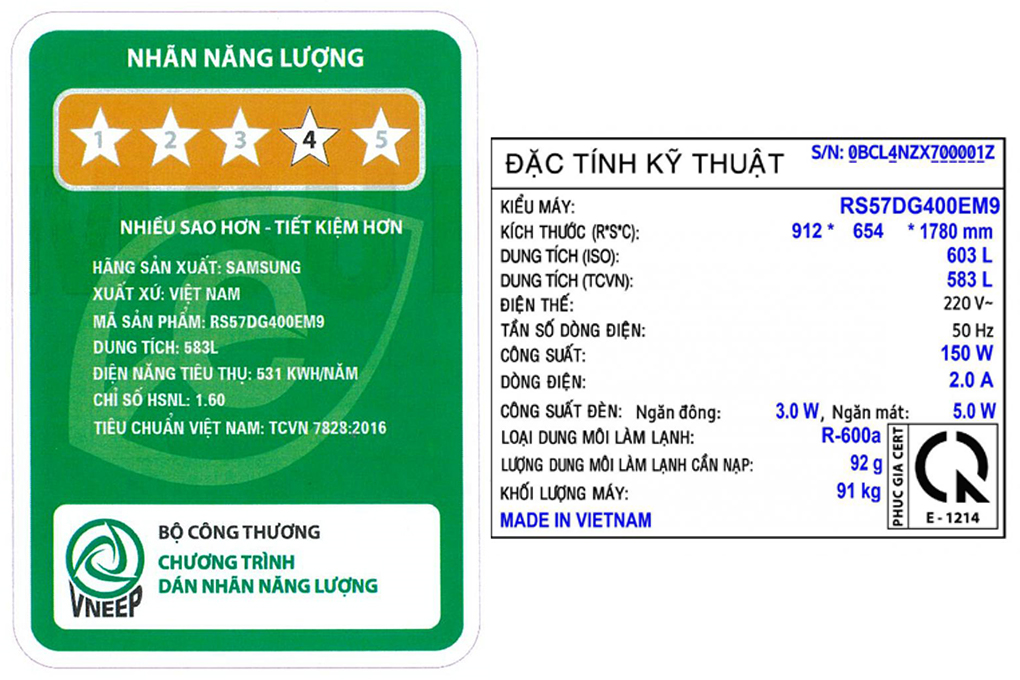 Tủ lạnh Samsung Inverter 583 lít Side By Side RS57DG400EM9SV Màu Bạc