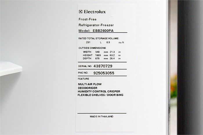 Tủ lạnh Electrolux 252 lít EBB2600PA Màu Xám