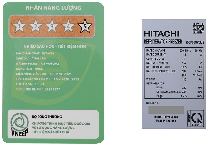 Tủ lạnh Hitachi Inverter 605 lít R-S700PGV2 GS Màu Bạc
