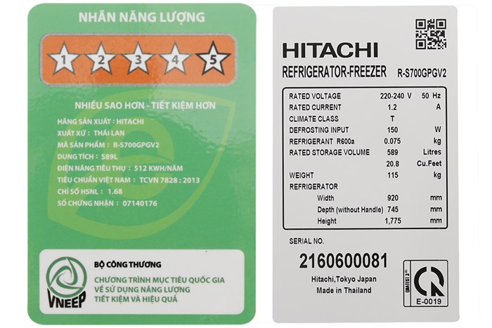 Tủ lạnh Hitachi Inverter 589 lít R-S700GPGV2 GS Màu Bạc