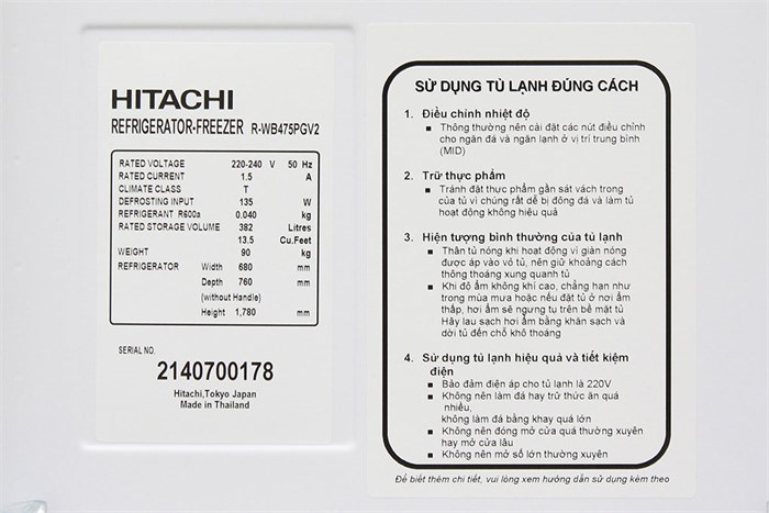 Tủ lạnh Hitachi Inverter 382 lít R-WB475PGV2 GBK Màu Đen