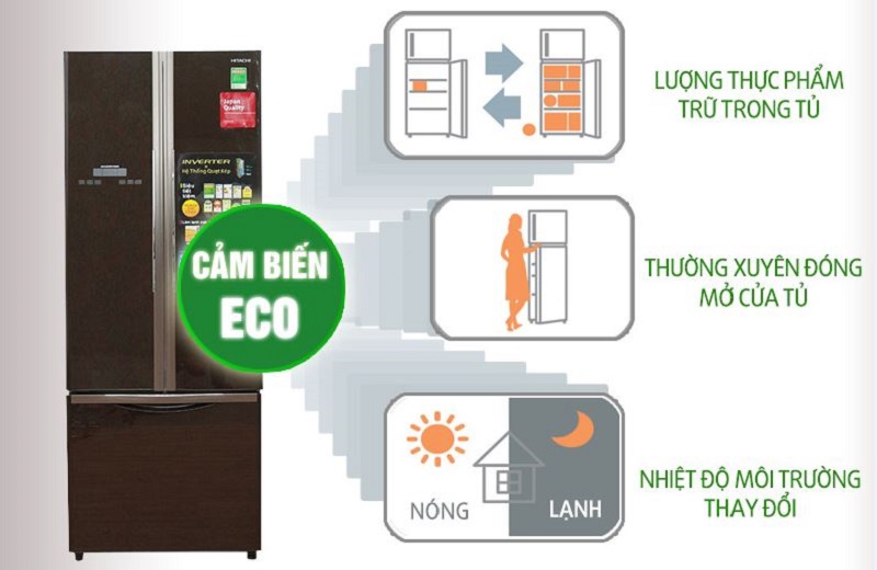 Với cảm biến nhiệt Eco, tủ lạnh Hitachi R-WB475PGV2 sẽ dựa trên lượng thức ăn trong tủ