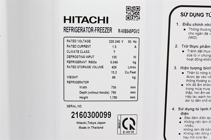 Tủ lạnh Hitachi Inverter 429 lít R-WB545PGV2 GBK Màu Đen