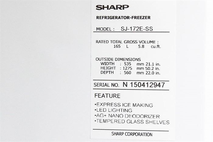 Tủ lạnh Sharp 165 lít SJ-172E Màu Bạc
