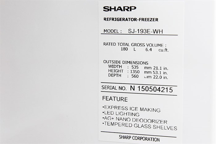 Tủ lạnh Sharp 180 lít SJ-193E Màu Trắng