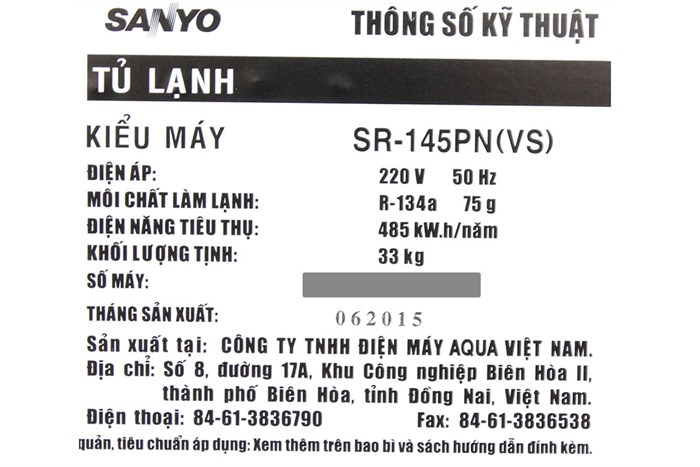 Tủ lạnh Sanyo 130 lít SR-145PN VS Màu Bạc