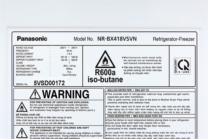 Tủ lạnh Panasonic Inverter 363 lít NR-BX418VSVN Màu Xám